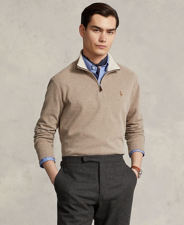 

Мужской хлопковый пуловер в рубчик с молнией на четверть Polo Ralph Lauren, коричневый