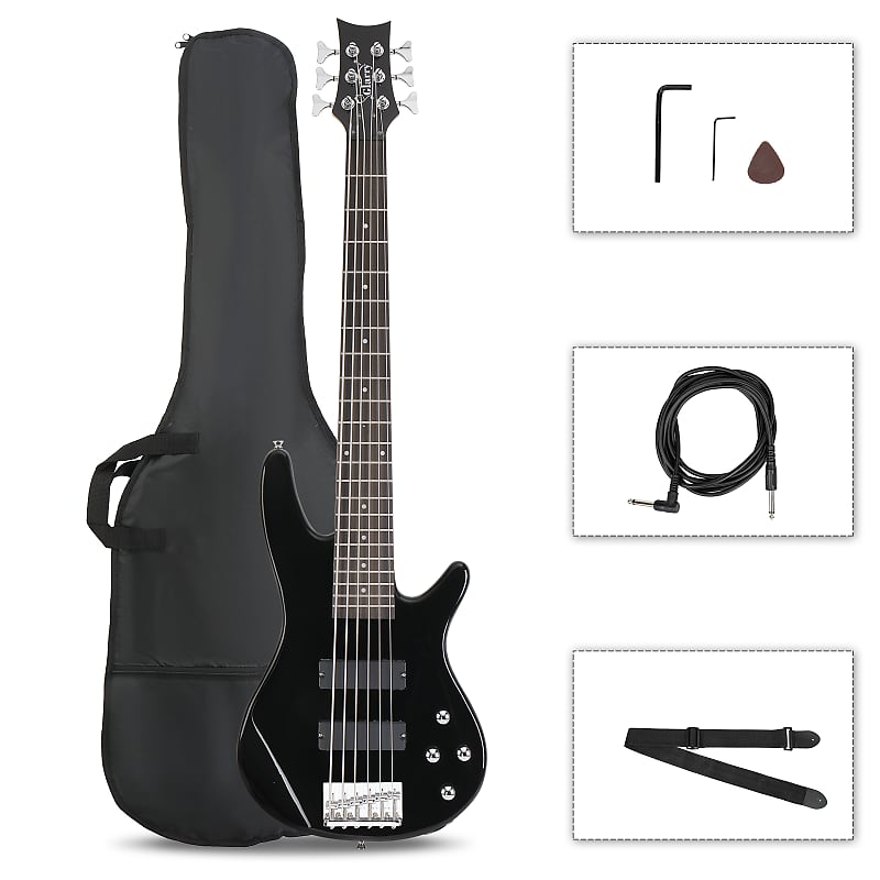 Басс гитара Glarry Full Size GIB 6 String H-H Pickup Electric Bass Guitar Bag Strap Pick Connector Wrench Tool 2020s - Black