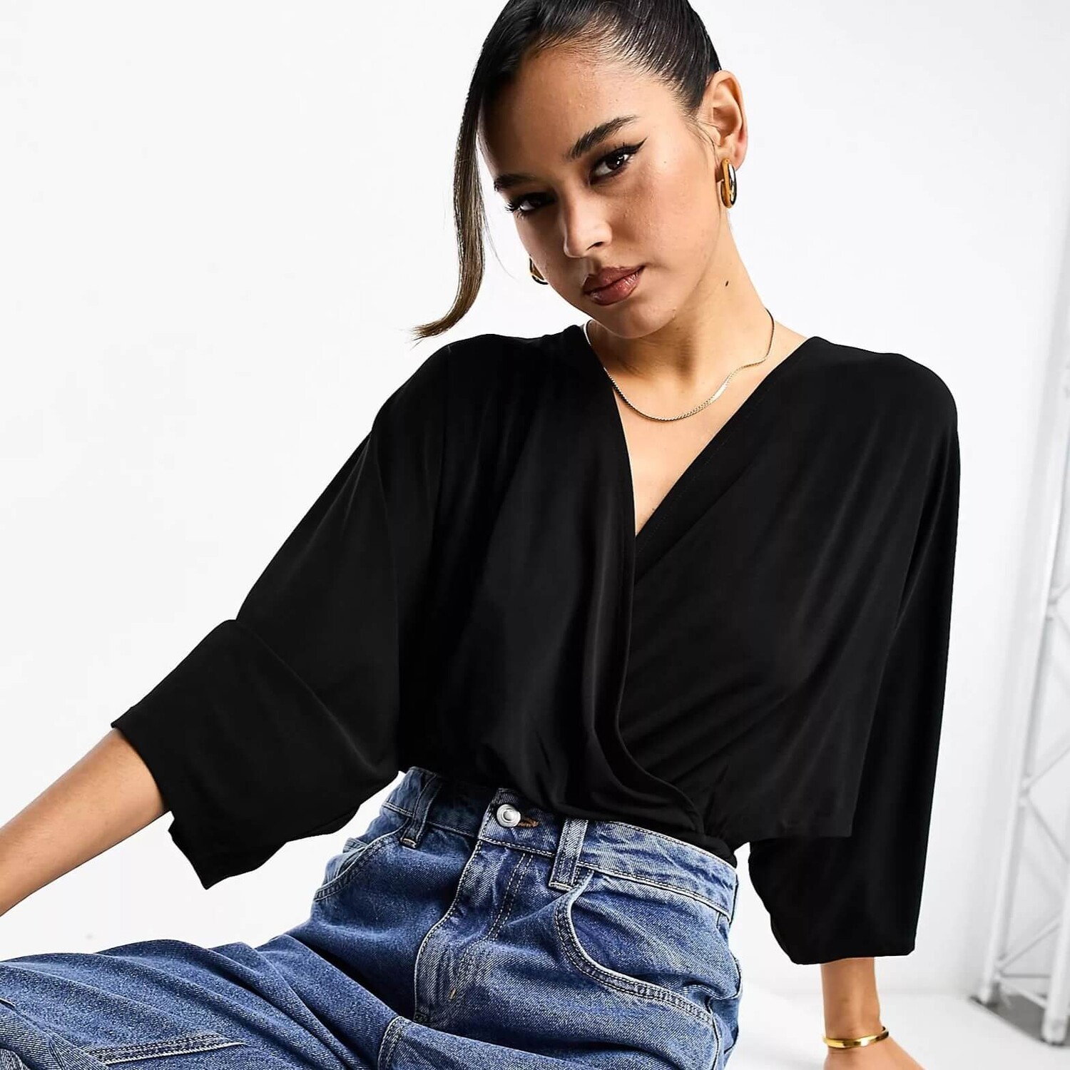 

Боди с запахом Asos Design With Angel Sleeve, черный