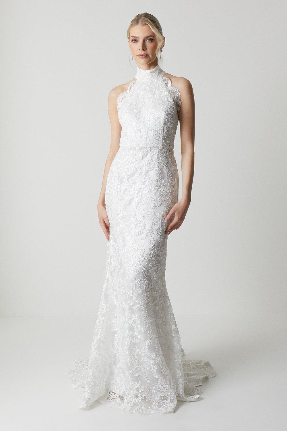 Свадебное платье из сетки с высоким воротником и шлейфом Coast, белый