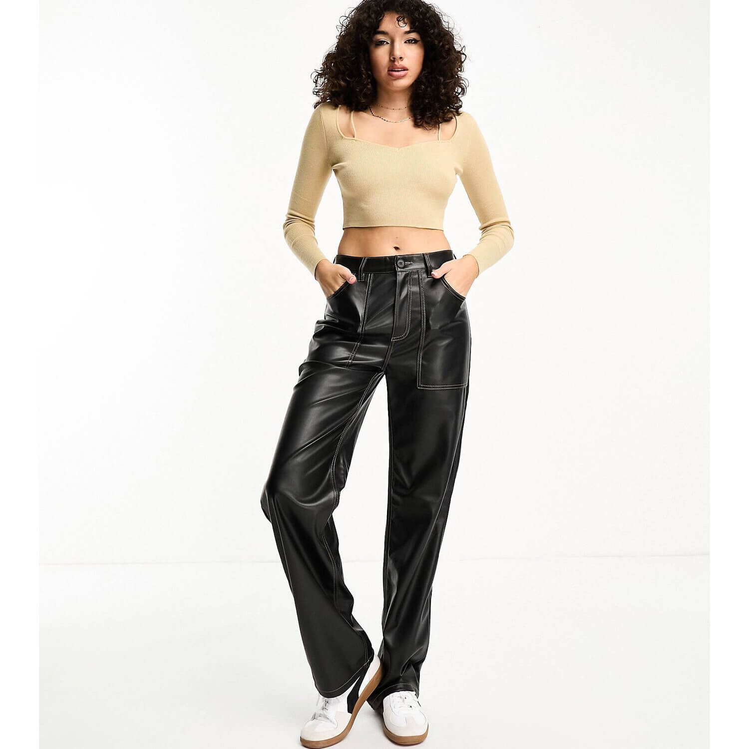 

Брюки Only Tall High Waisted Wide Leg Faux Leather Contrast Stitch, черный