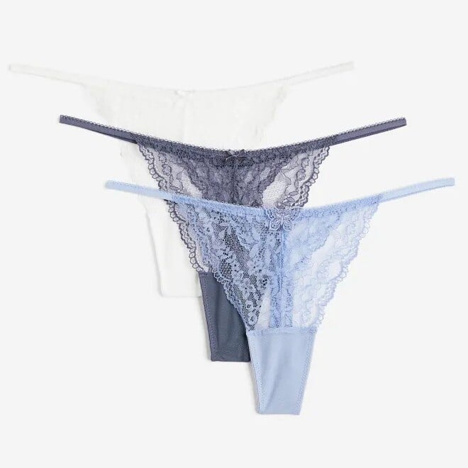 

Комплект трусов H&M Lace Thong, 3 предмета, белый/темно-синий/голубой