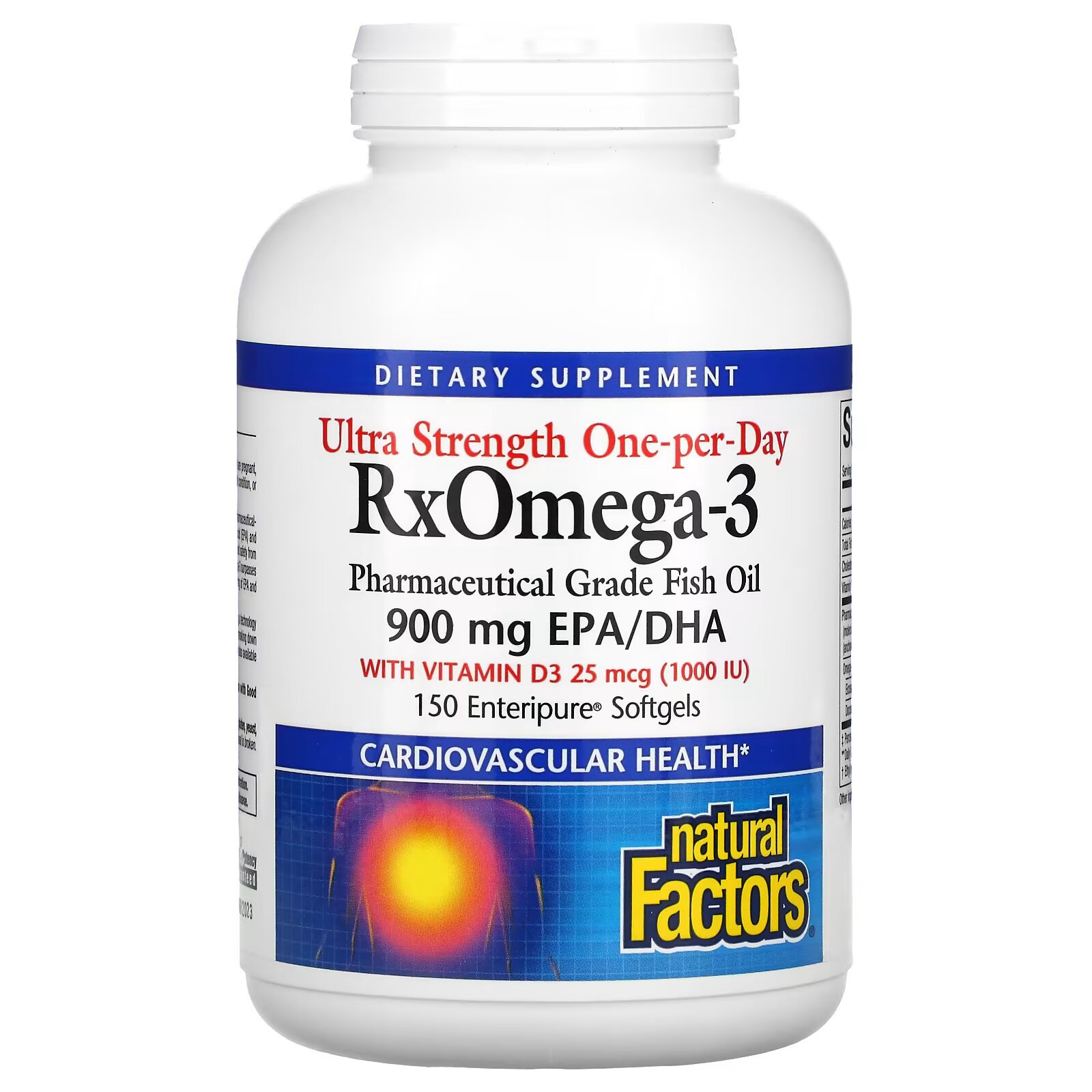 Natural Factors, Ultra Strength, RxOmega-3, с витамином D3, 900 мг ЭПК/ДГК (эйкозапентаеновая/докозагексаеновая кислота), 150 гелевых капсул Enteripure - фото