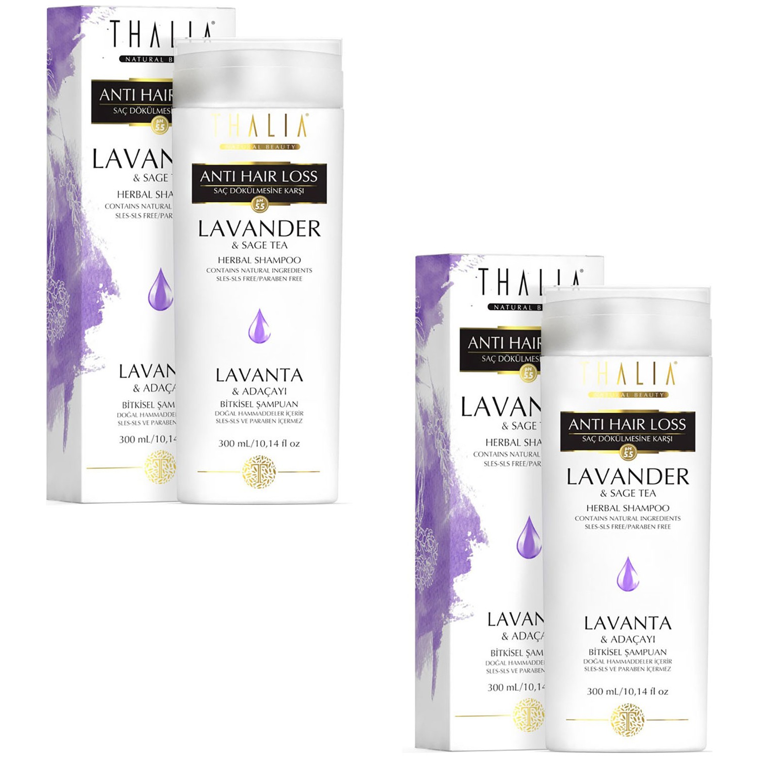 Шампунь Thalia против выпадения волос с экстрактом лаванды и шалфея, 2 флакона по 300 мл thalia natural beauty anti dandruff bar shampoo sage
