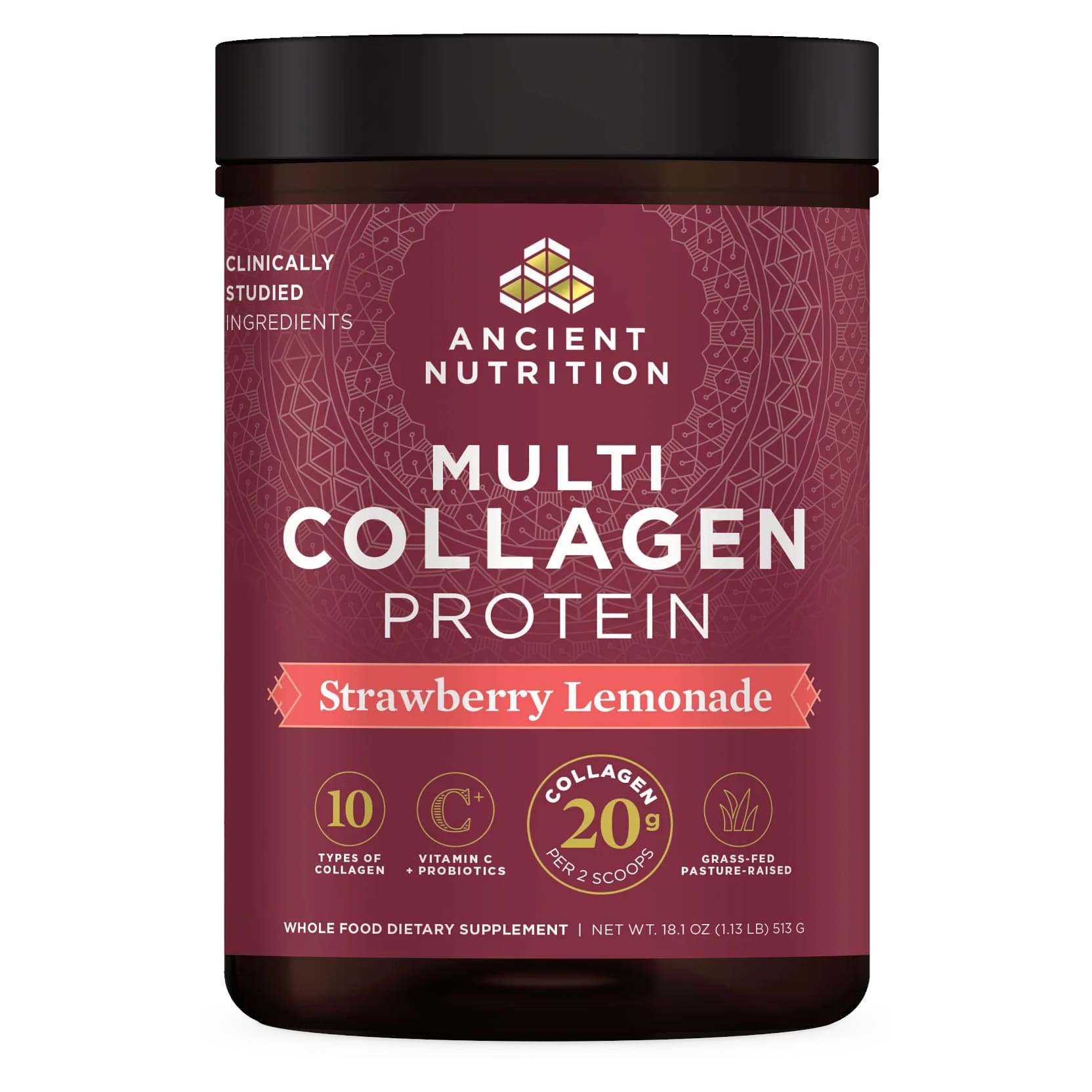 цена Коллаген Ancient Nutrition Multi Protein 10 Types Vitamin C + Probiotics Strawberry Lemonade, 513 г