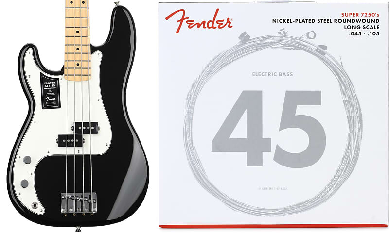 

Fender Player Precision Bass для левшей - черный с кленовой накладкой на гриф Комплект струн Fender 7250M из никелированной стали с длинной мензурой для бас-гитары - .045-.105 Medium 0149822506=1 0737250406=1