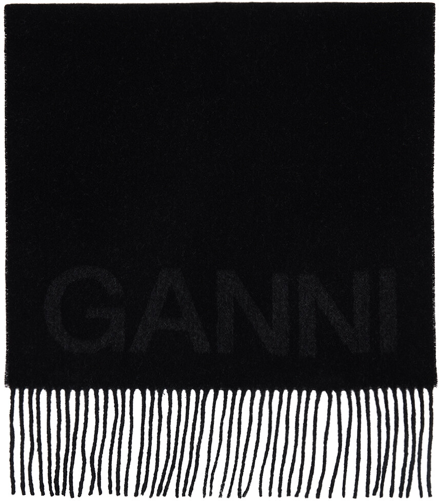 

Черный шарф с логотипом c бахромой GANNI