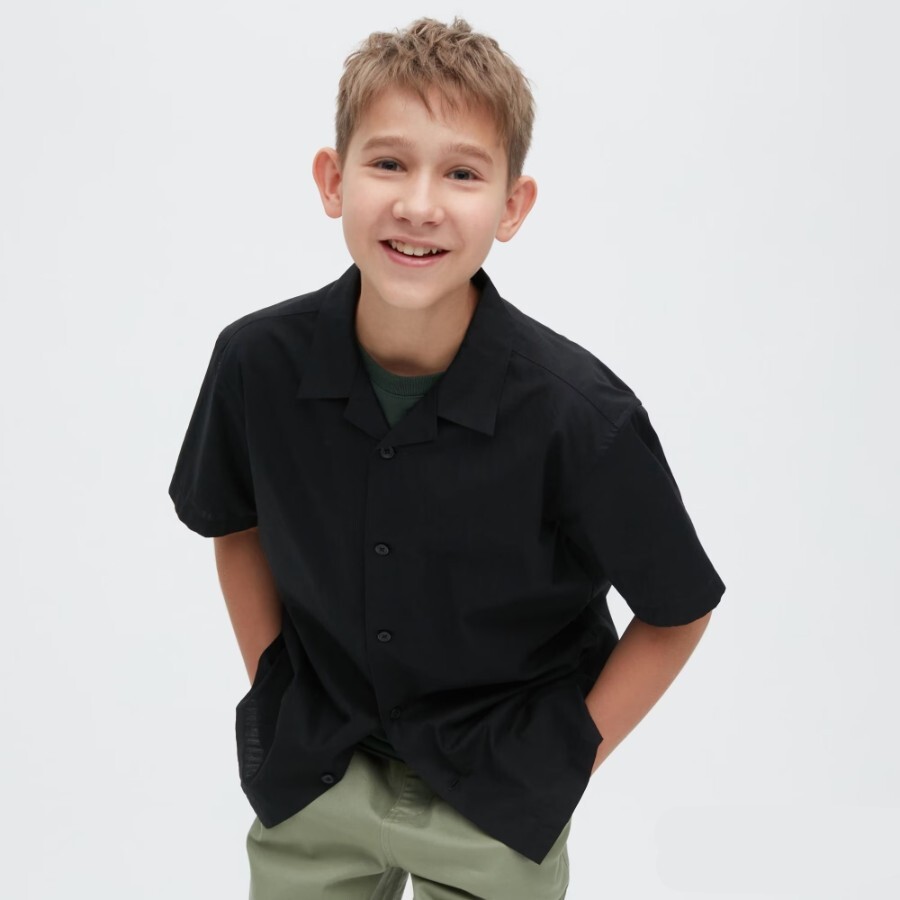 

Рубашка Uniqlo Kids 100% Cotton Open Collar Short Sleeved, черный