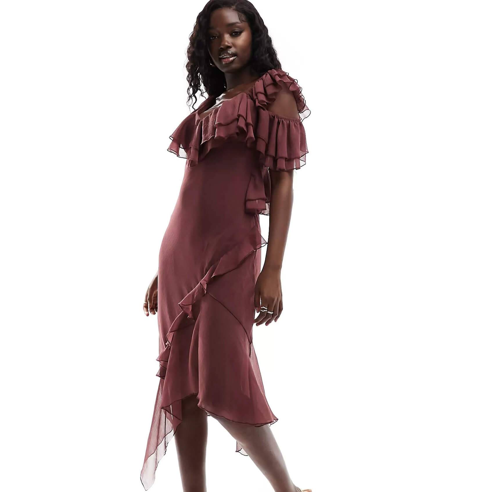 Платье Asos Design Asymmetric Frill Midi, темно-розовый prettylittlething облегающее платье с v образным вырезом и рукавами с рюшами plus rose statue
