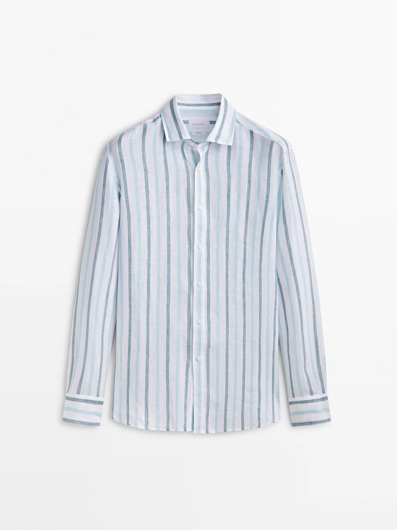 

Облегающая льняная рубашка в двухцветную полоску Massimo Dutti, голубой