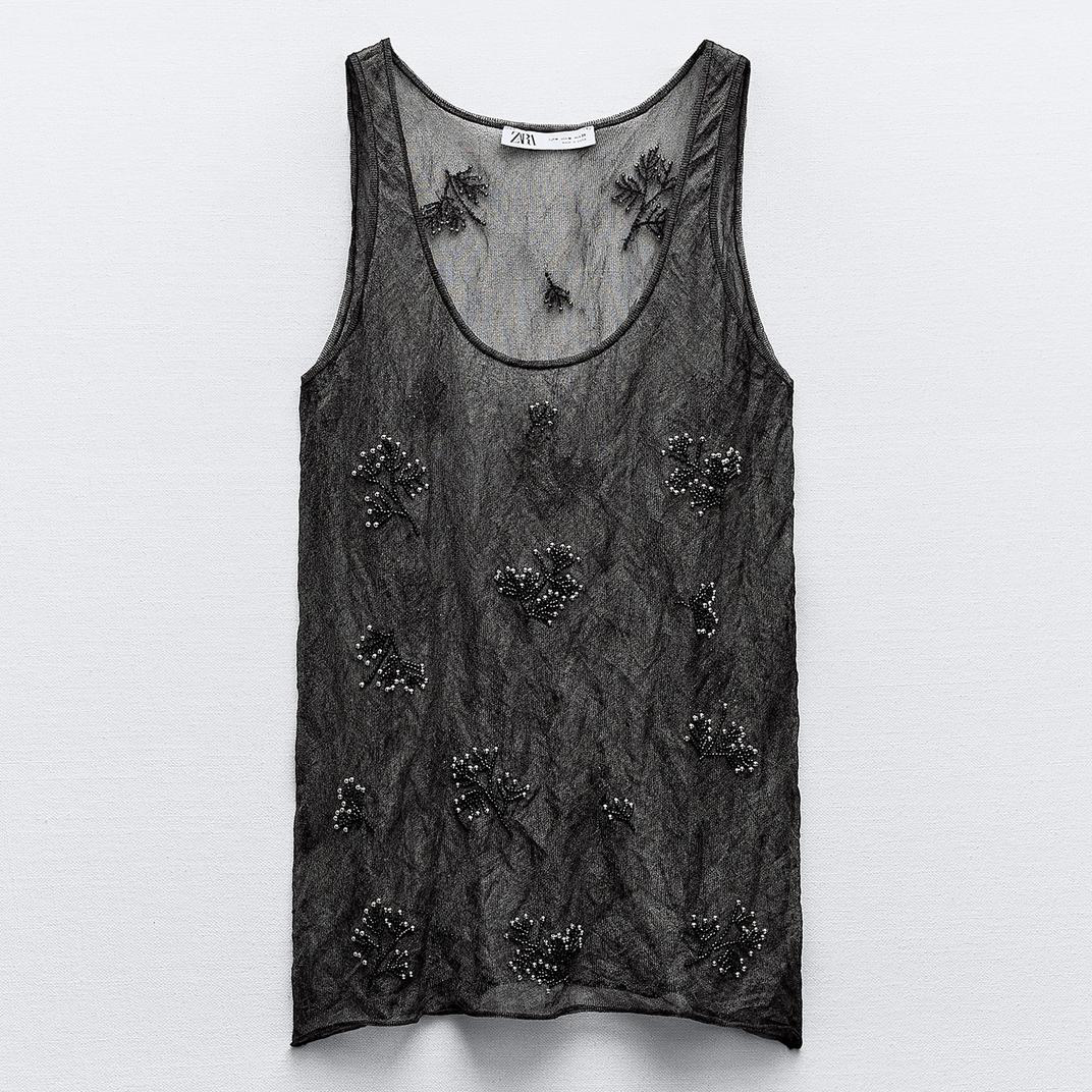 Топ Zara Semi-sheer Creased-effect Beaded, черный блуза zara long semi sheer oversize черный