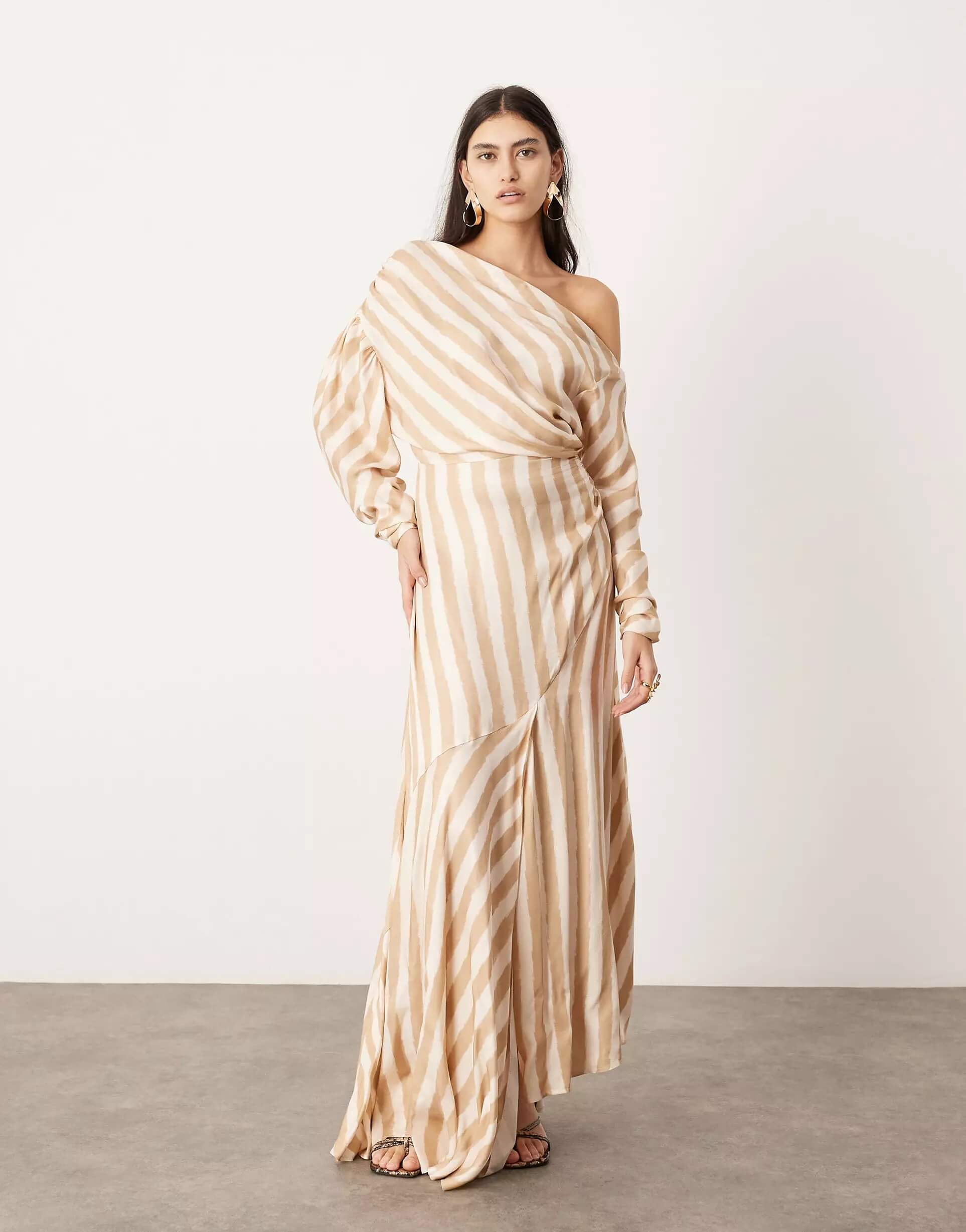цена Платье-макси Asos Edition Striped Off-the-shoulder, светло-бежевый/бежевый
