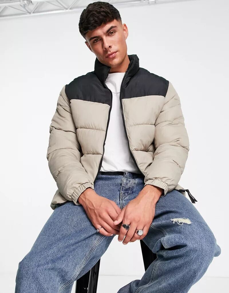 

Бежевая стеганая куртка в стиле колор-блок Jack & Jones Originals