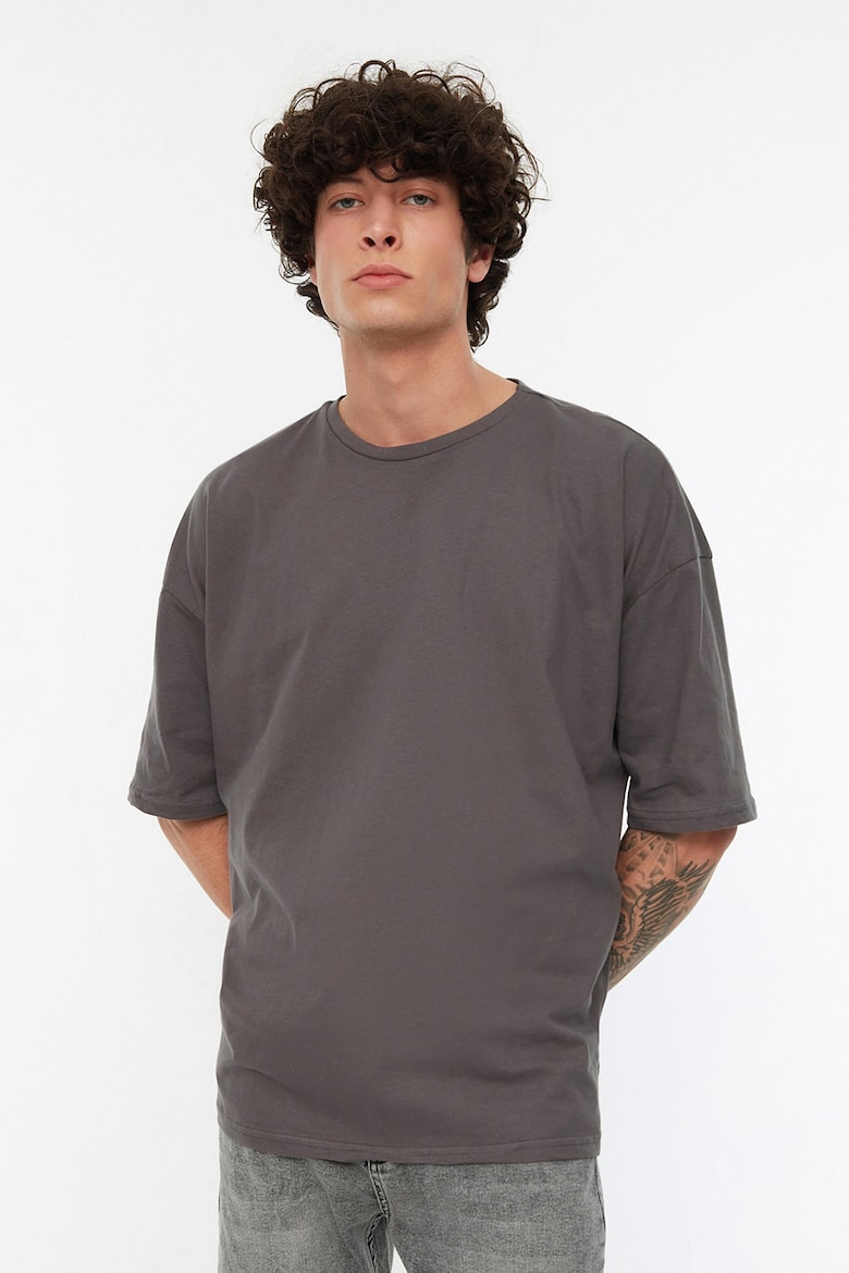 Хлопковая футболка с заниженными рукавами Trendyol, серый