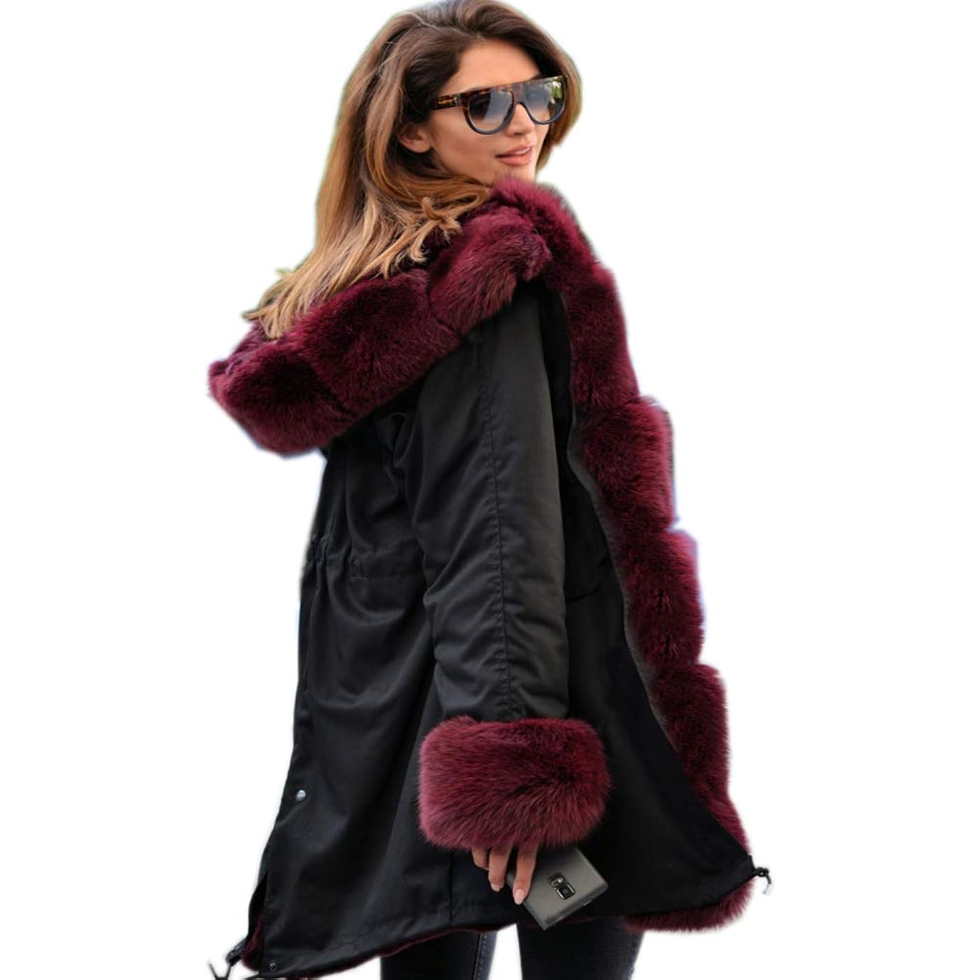 мужская теплая куртка с флисовой подкладкой ветрозащитная повседневная парка с меховым воротником и капюшоном для осени и зимы 2022 Парка Aofur Long Warm Winter Faux Fur Collar Qulited Women's, черный/бордовый