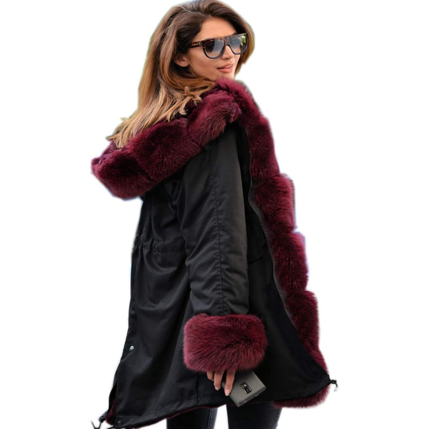 Парка Aofur Long Warm Winter Faux Fur Collar Qulited Women's, черный/бордовый женская винтажная зеленая парка повседневная однотонная свободная куртка с карманами сезон осень зима 2021 плотная теплая хлопковая верхн