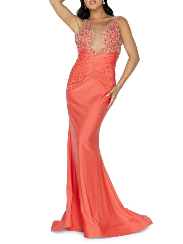 

Платье sheer illusion criss cross trumpet Terani Couture Coral
