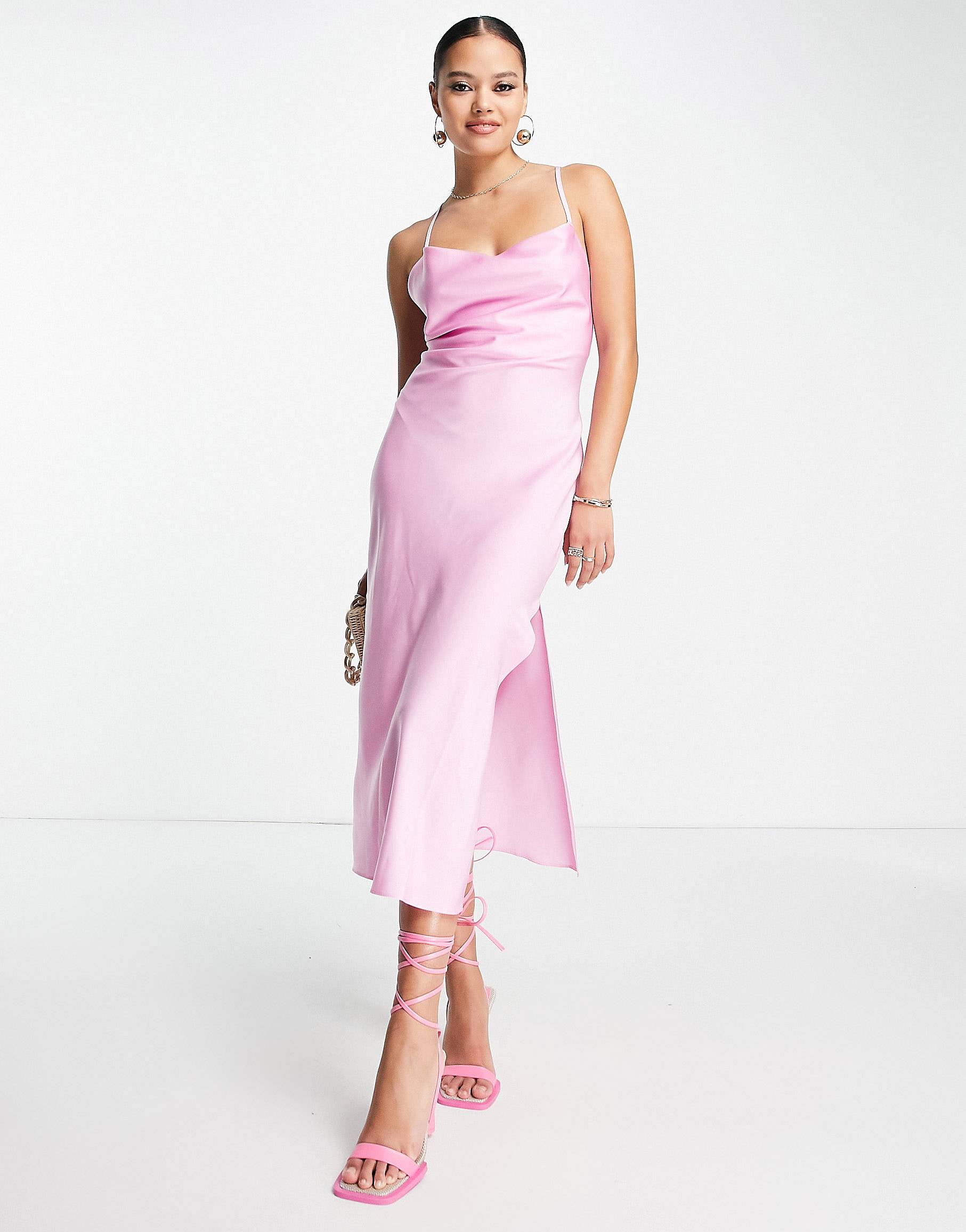 Розовое атласное платье-комбинация миди на бретелях со шнуровкой на спине ASOS DESIGN