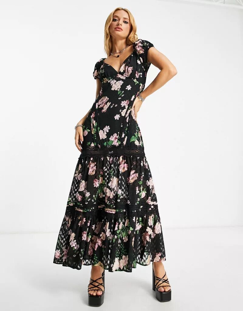 

Черное платье макси с защипами и кружевными вставками ASOS