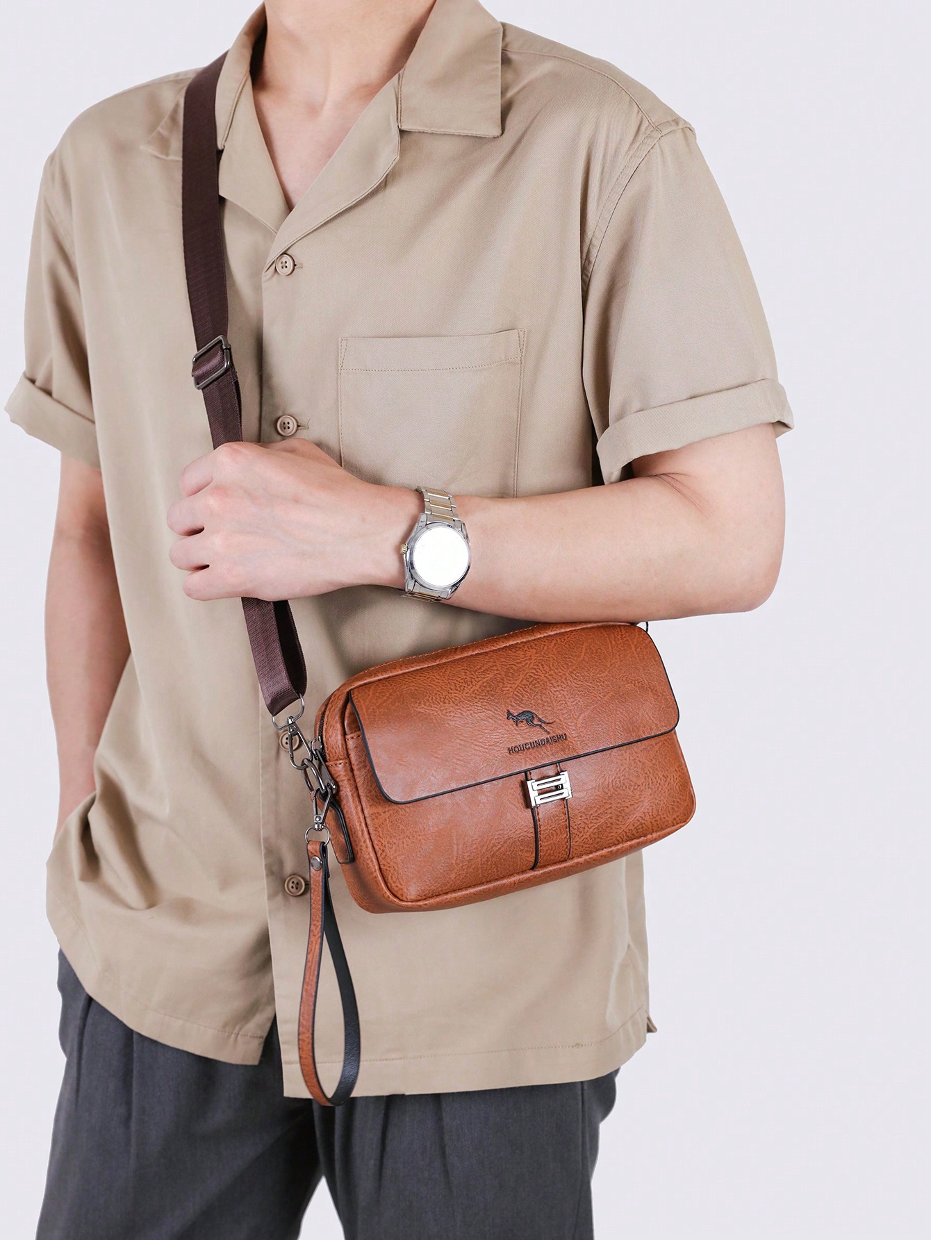 Винтажная мужская простая сумка через плечо с несколькими карманами, коричневый цена и фото