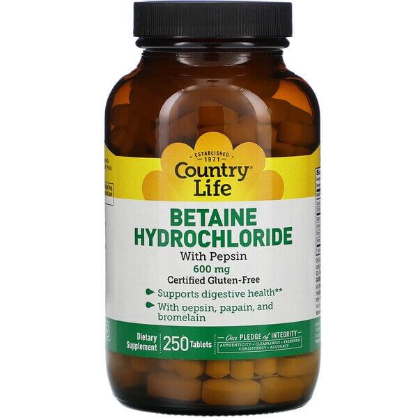 Гидрохлорид бетаина с пепсином, Country Life, 600 мг, 250 таблеток бетаина гидрохлорид 648 мг 250 капсул