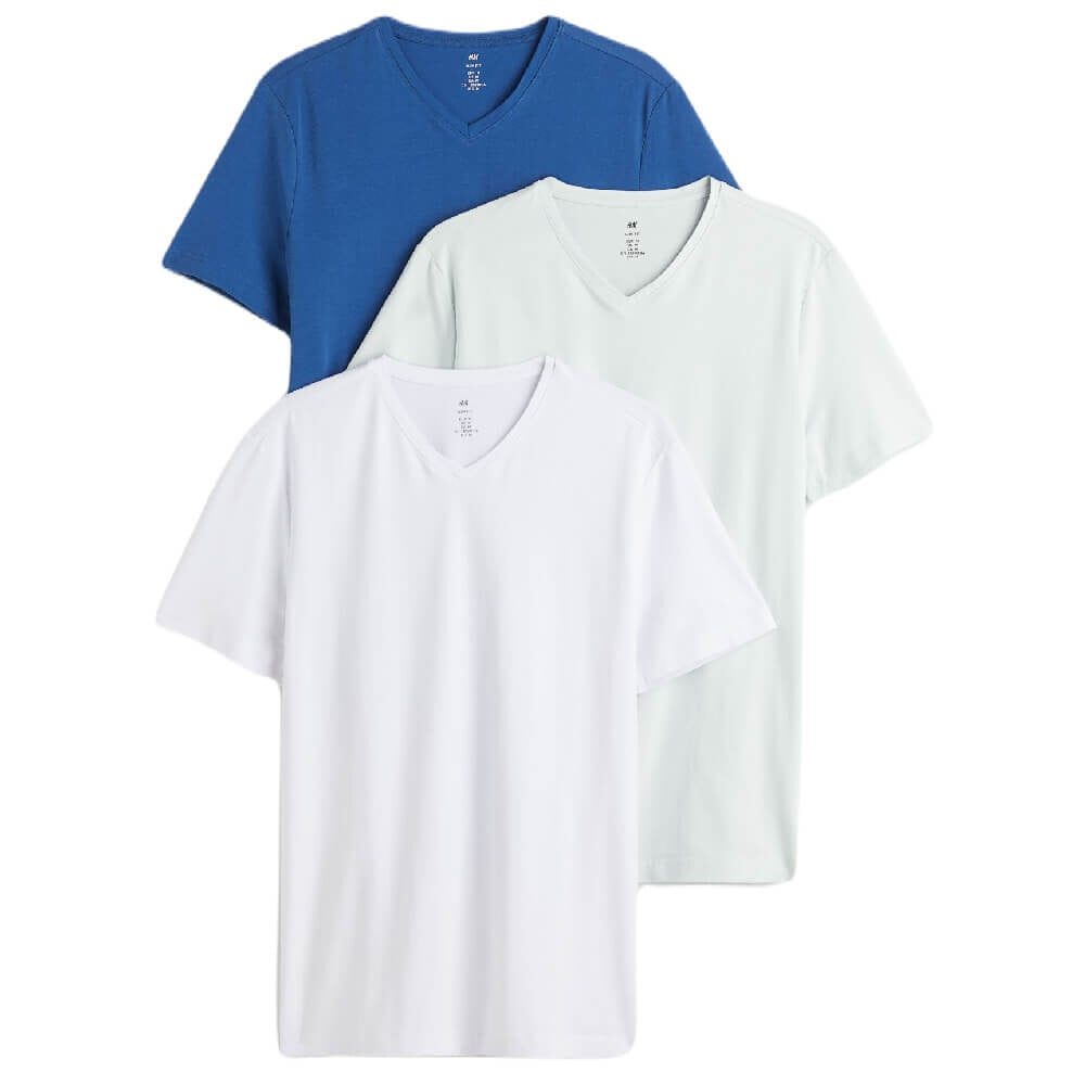 

Комплект футболок H&M Slim Fit V-neck, 3 предмета, белый/синий/серый