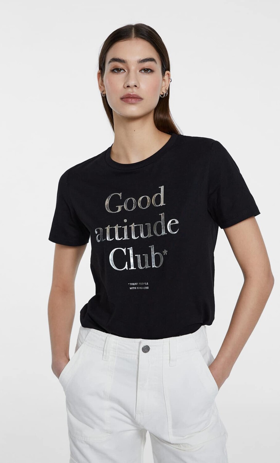 

Футболка с принтом фольгой Stradivarius, черный