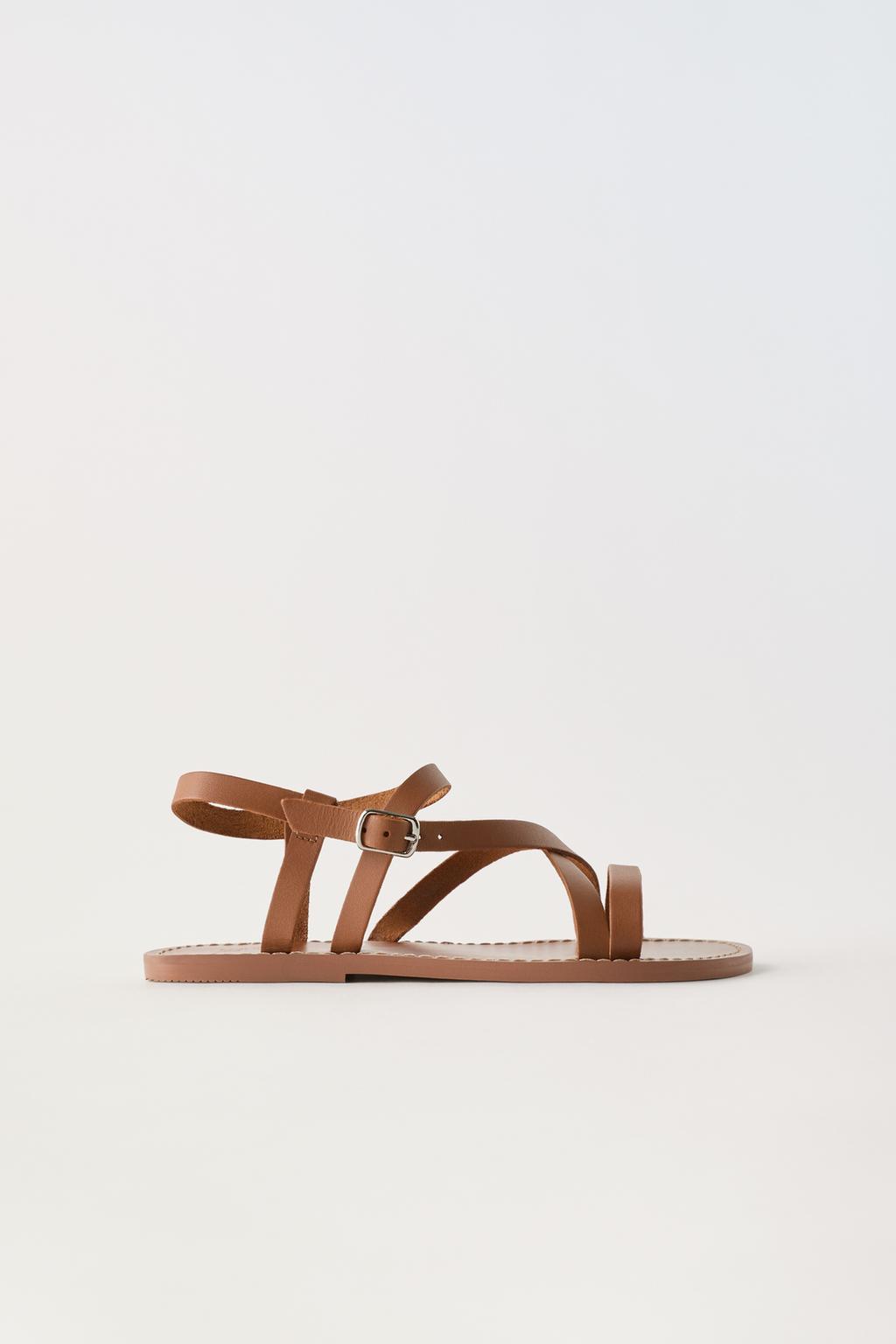 Кожаные сандалии с ремешками ZARA, коричневый