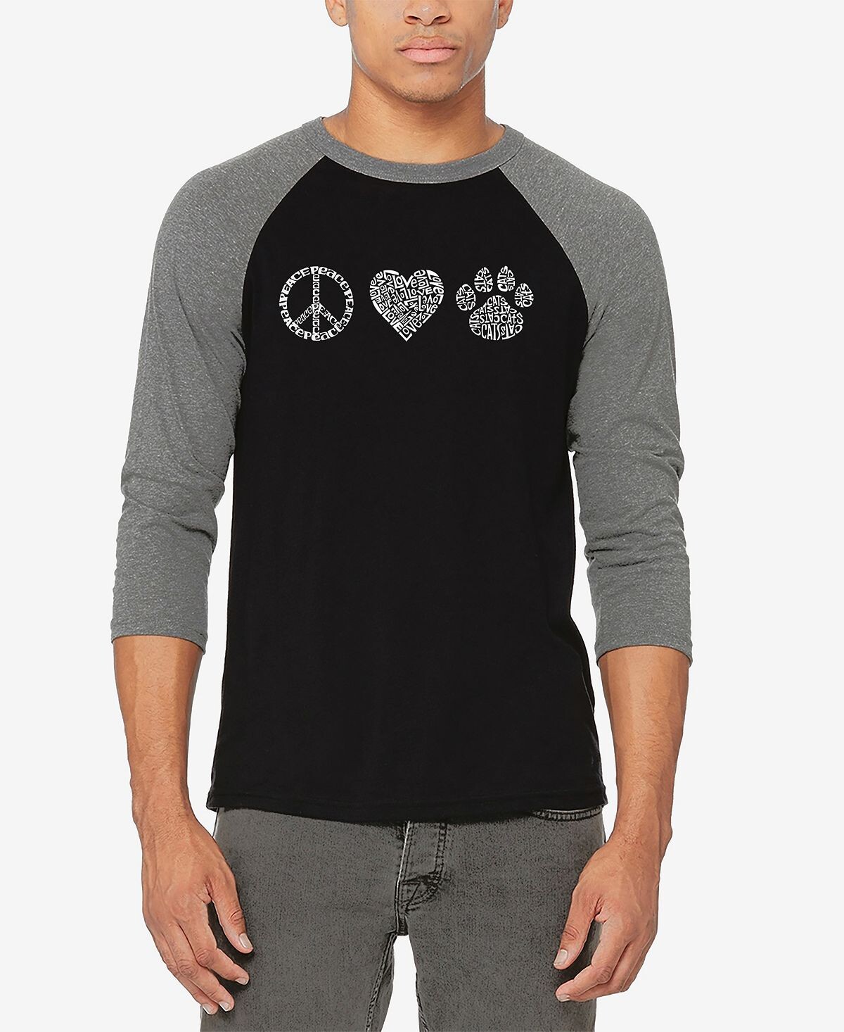 

Мужская бейсбольная футболка реглан с рукавами 3/4 peace love cats word art футболка LA Pop Art, мульти