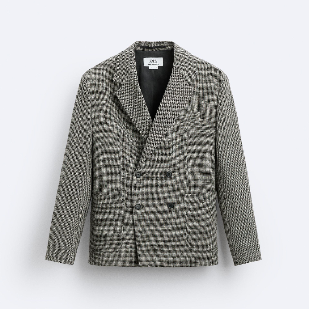 Пиджак Zara Houndstooth Linen - Wool, серый