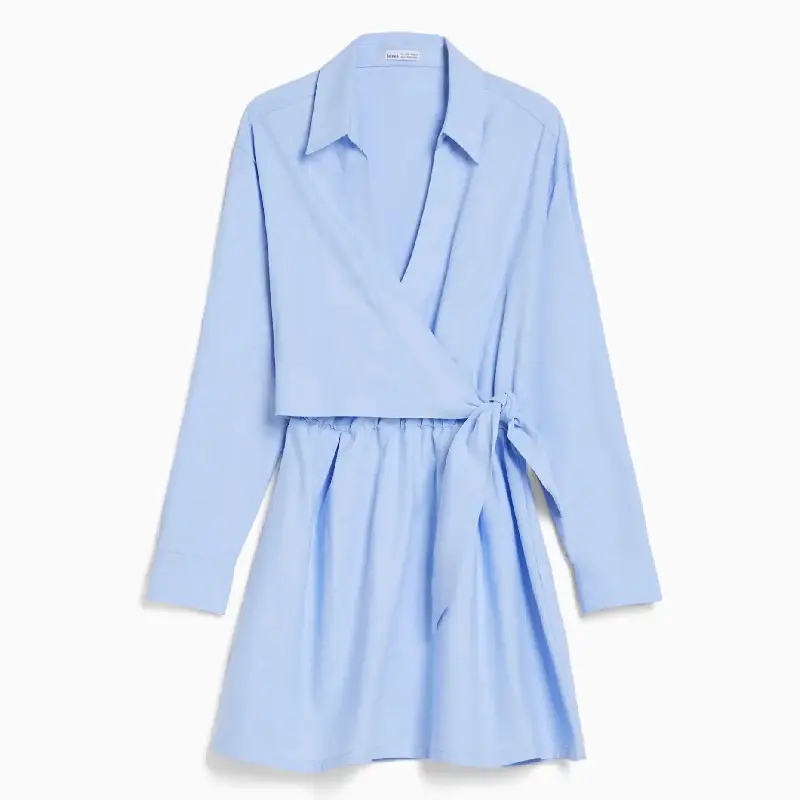 

Платье Bershka Mini Long Sleeve Shirt With Crossover Detail, голубой