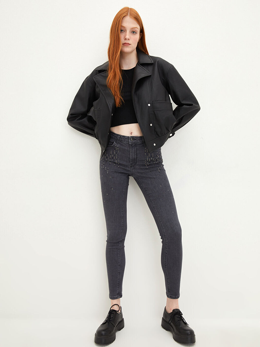 

Нормальная талия Skinny Fit Pocket Stone Вышитые женские джинсы Rodeo LCW Jeans