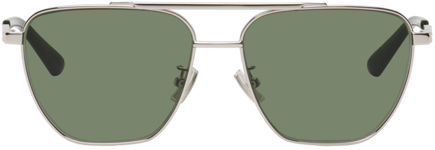 цена Серебристо-зеленые солнцезащитные очки-авиаторы Bottega Veneta