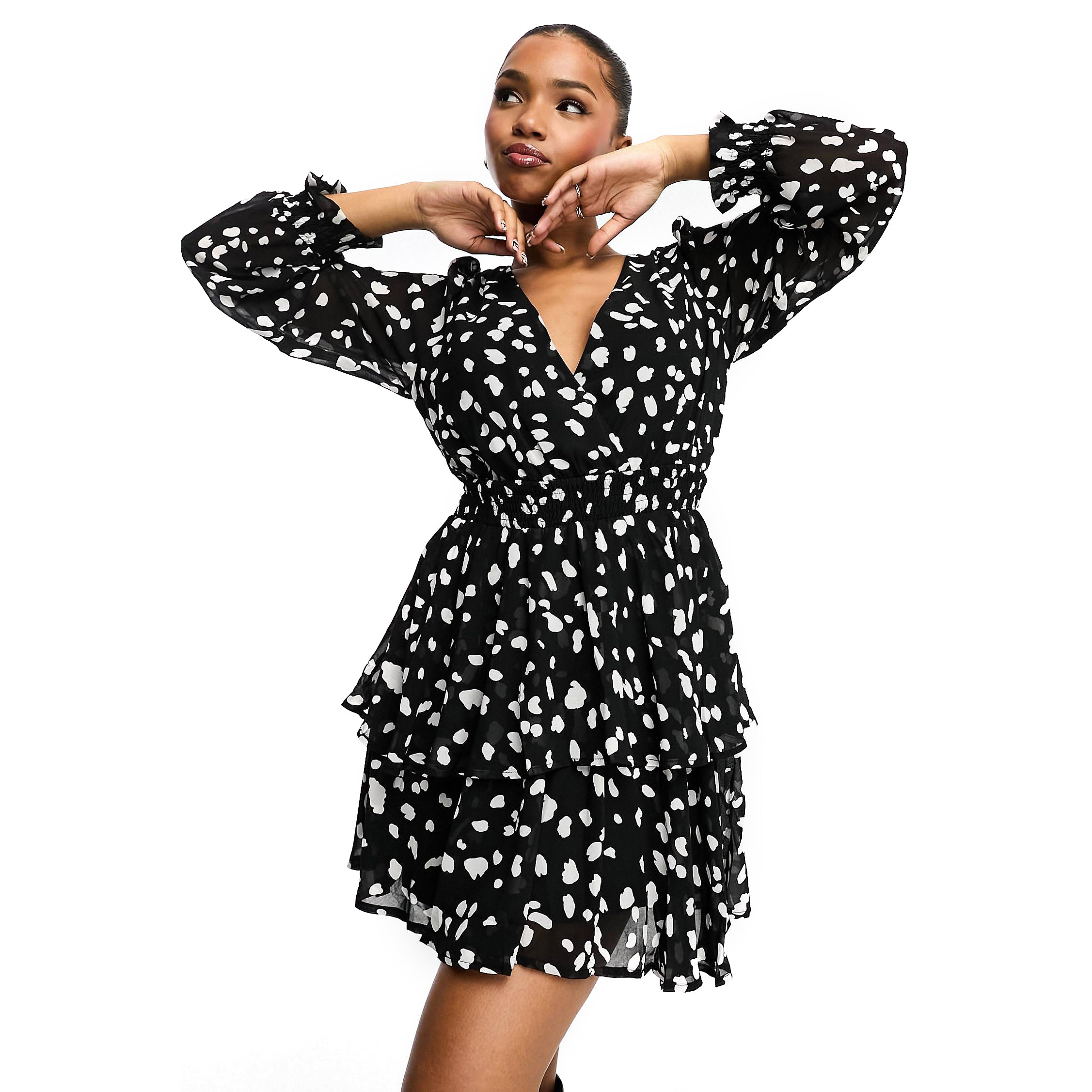 Платье New Look Spot Print Tiered Chiffon Mini, черный/белый цена и фото