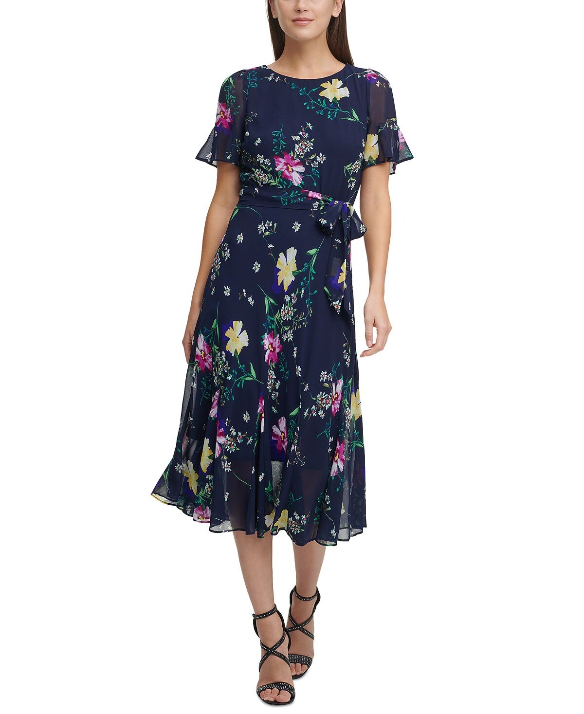 

Миниатюрное платье миди с юбкой-годе и принтом petite DKNY, мульти