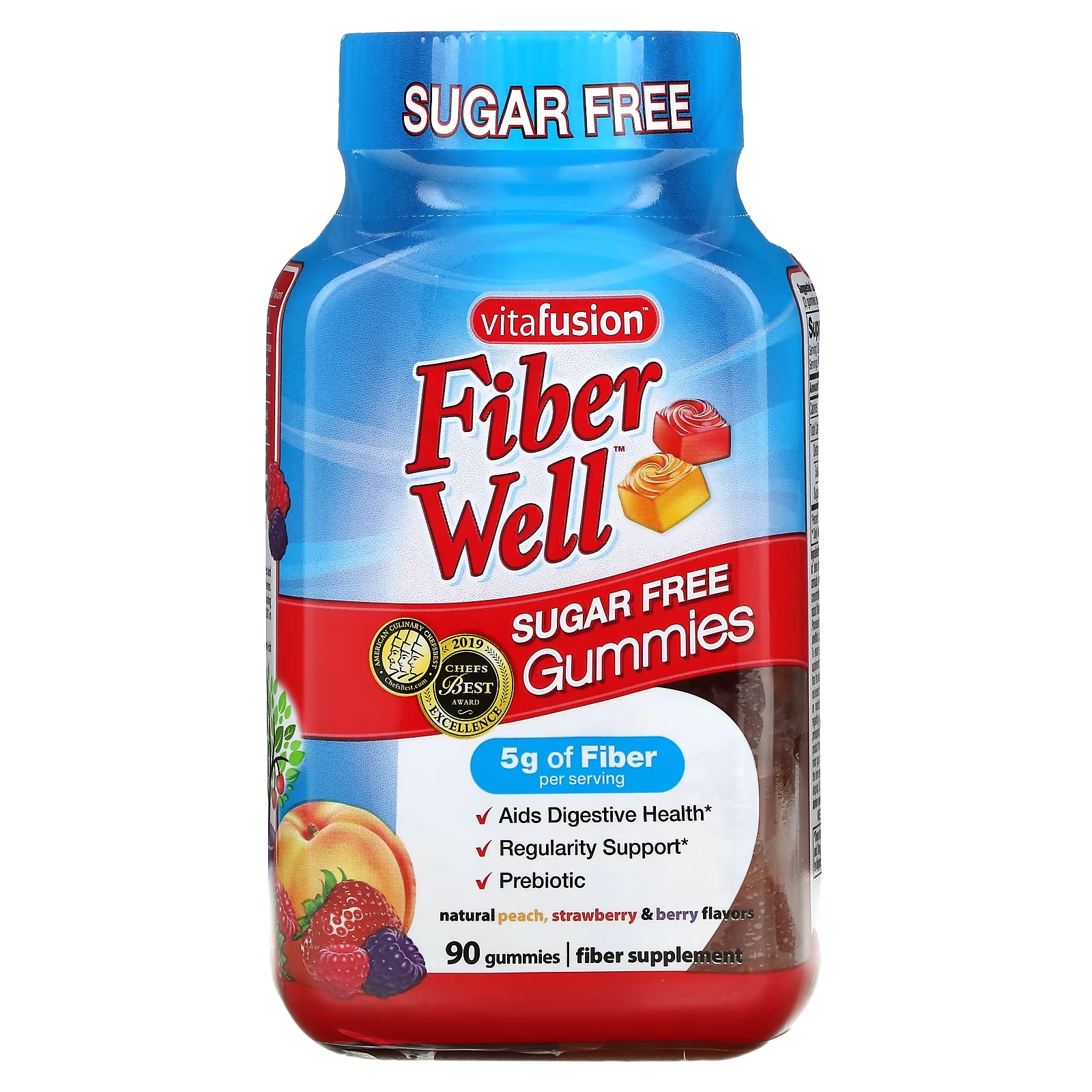 Пребиотик VitaFusion Fiber Well, персик / клубника / ягоды, 90 жевательных таблеток пробиотик пребиотик olly персик 30 жевательных таблеток