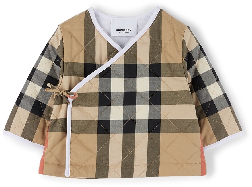 

Бежевая стеганая куртка с запахом в винтажную клетку Baby Baby Burberry
