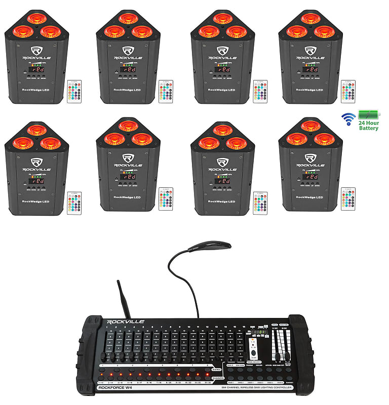 Светодиод Rockville RockWedge LED Battery Lights + 384-канальный беспроводной DMX-контроллер 8 RockWedge LED + Rockforce W4