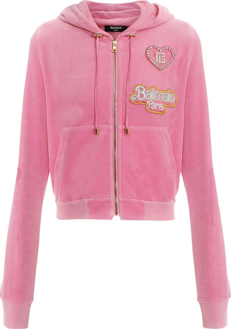 

Худи Balmain x Barbie Cropped Velvet Zipped Hoodie With Badges Rose Pink, розовый