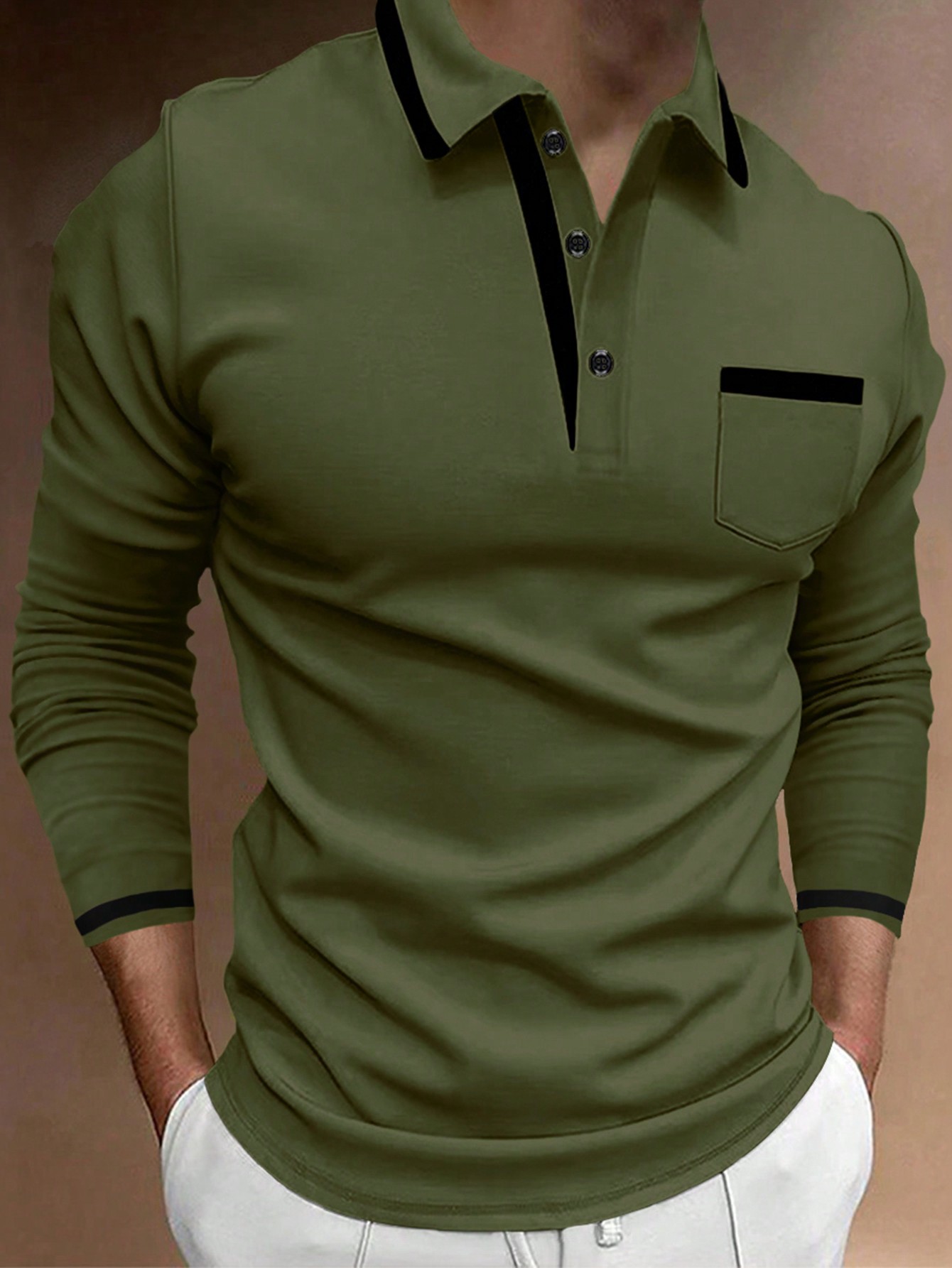 Мужская рубашка поло с карманами и длинными рукавами Manfinity Homme, армейский зеленый новая рубашка поло мужская повседневная рубашка с длинным рукавом лоскутная рубашка сочетающаяся с цветами облегающая рубашка