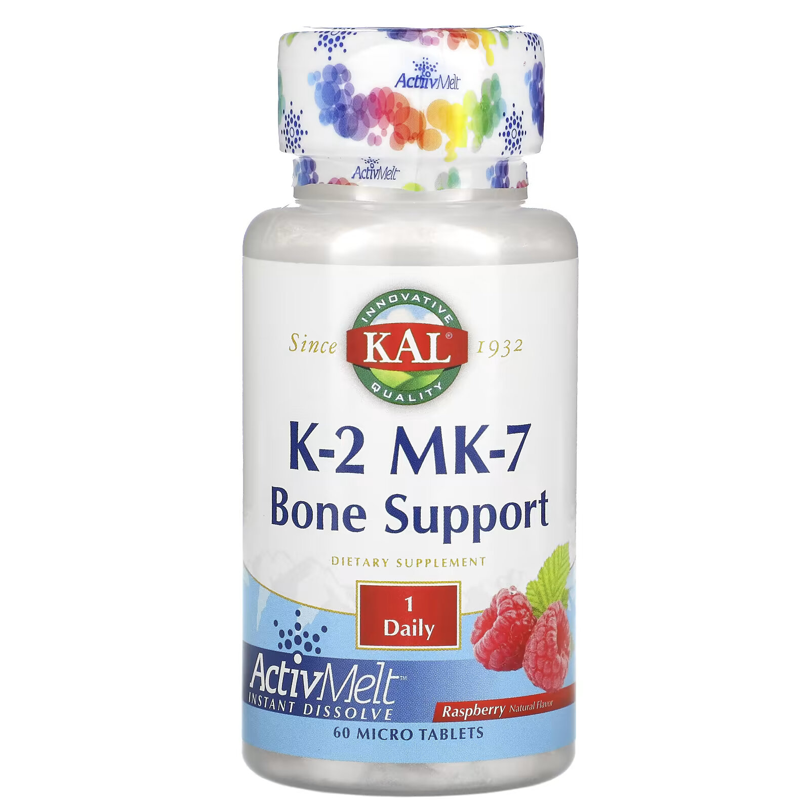 KAL, K-2 MK-7, поддержка костей, малина, 60 микротаблеток пищевая добавка kal d 3 k 2 малина 60 микротаблеток