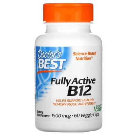 Активный витамин B12, Doctor's Best, 1500 мкг, 60 растительных капсул doctor s best активный витамин b12 шоколад и мята 1000 мкг 60 жевательных таблеток