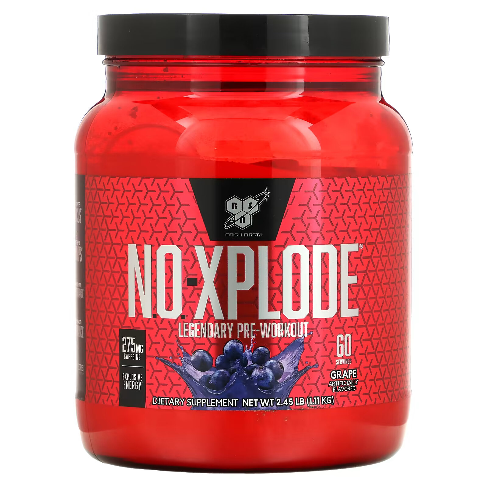 bsn n o xplode legendary pre workout со вкусом фруктового пунша 555 г 1 22 фунта BSN, N.O.-Xplode, Legendary Pre-Workout, со вкусом винограда, 1,11 кг (2,45 фунта)