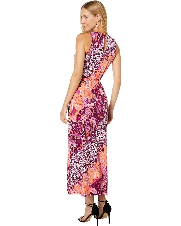 цена Платье London Times Halter Maxi Dress with Tie Waist/Side Slit, цвет Berry Multi