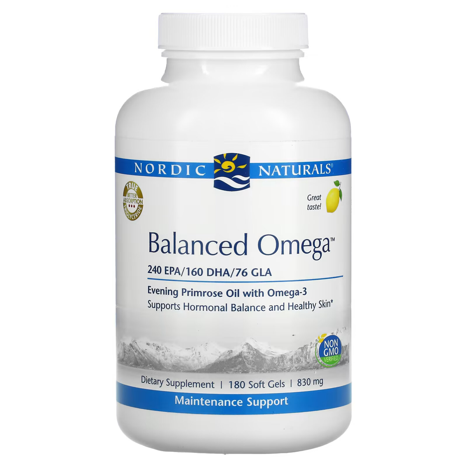 Nordic Naturals, Balanced Omega, со вкусом лимона, 830 мг, 180 мягких желатиновых капсул - фото