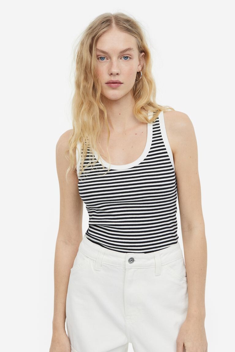 

Хлопковая майка в рубчик H&M, белый/черный в полоску