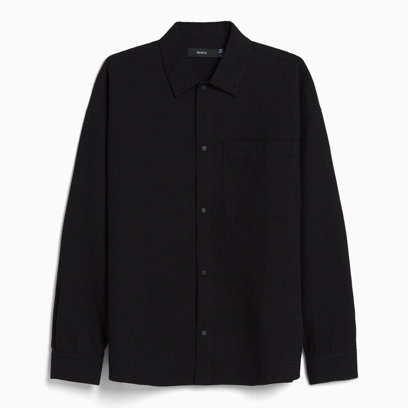 

Рубашка Bershka Long Sleeve Waffle-knit With Snap Buttons, черный