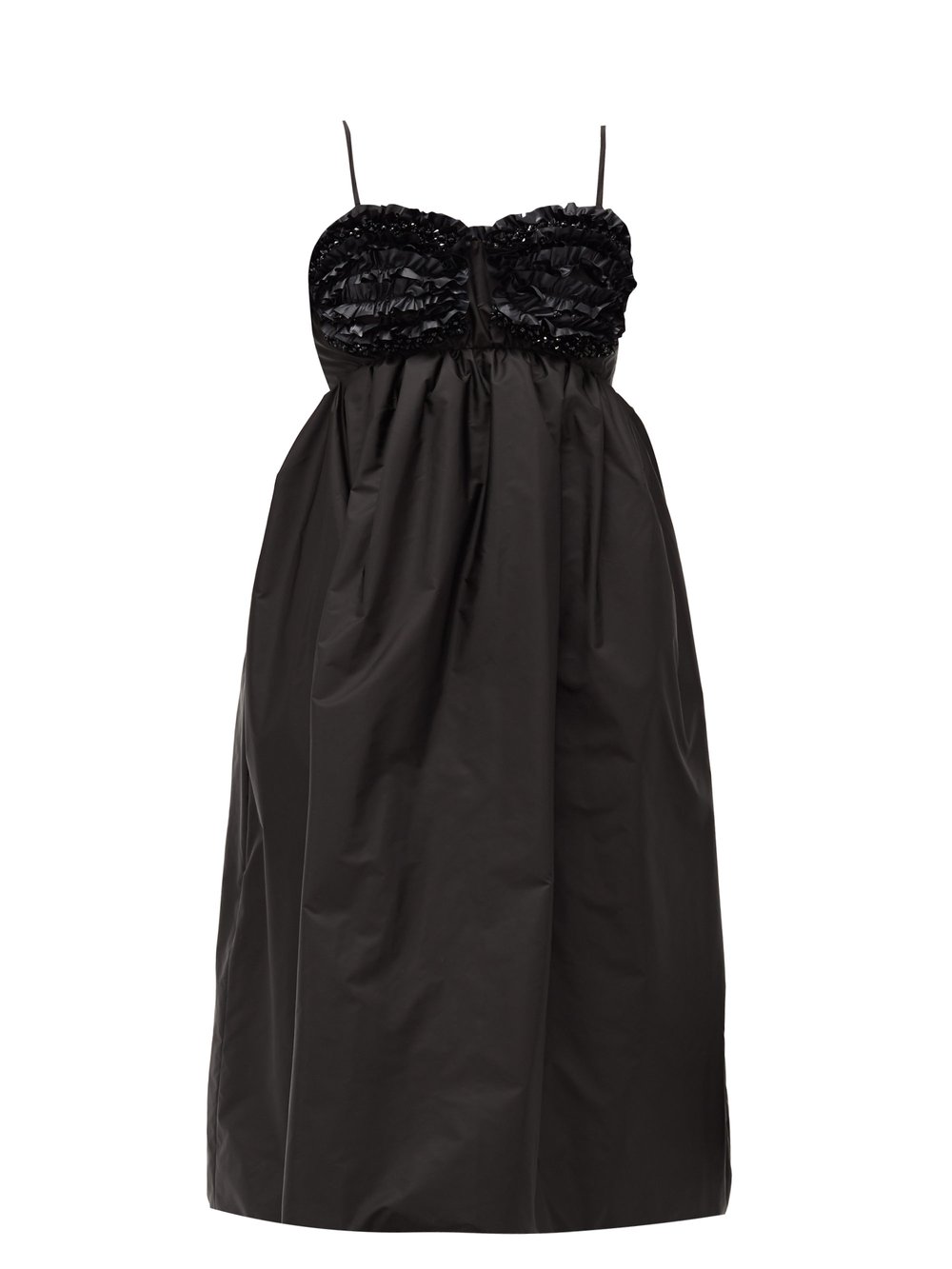 Платье из технической ракушки с оборками и бисером Moncler, черный платье ирландский кофе