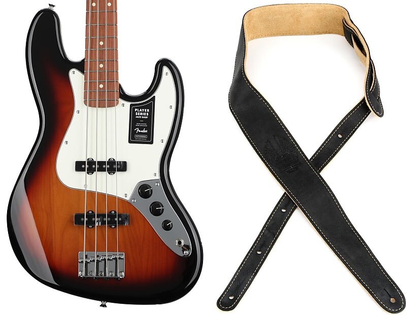 

Fender Player Jazz Bass - 3-Tone Sunburst с накладкой Pau Ferro и ремешком Fender Road Worn - черный 0149903500=1 0990660006=1