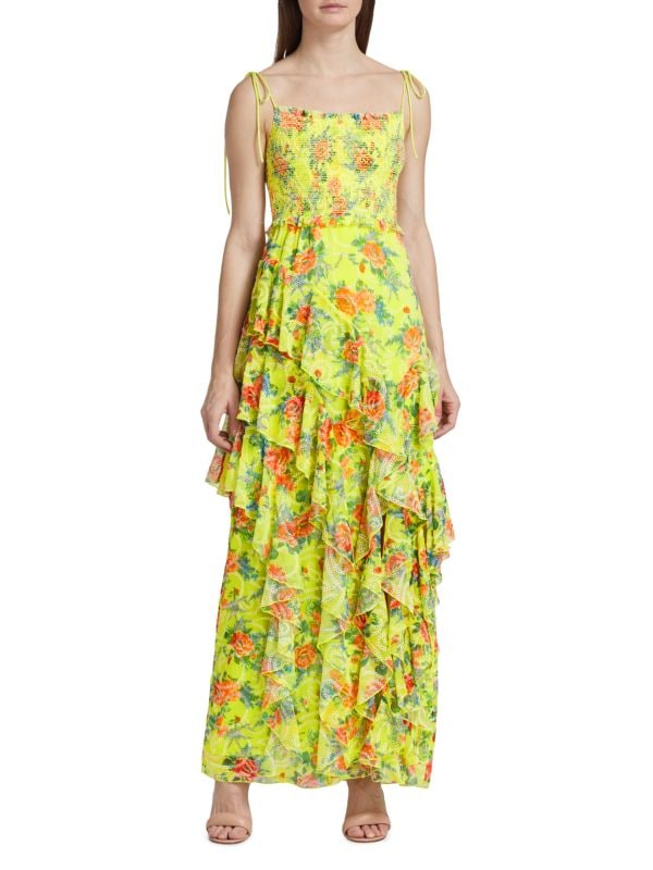 Многоярусное платье макси jocelyn с рюшами Alice + Olivia Yellow цена и фото